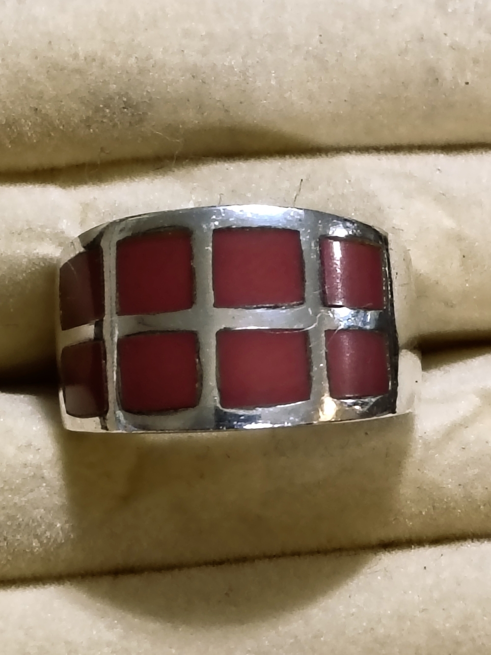 Sterling Silver Band Ring with Red Coral Inlay Squares Signed Size 8.5
